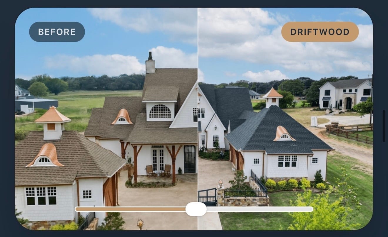 Side-by-side preview of a North Texas home showing the existing roof versus a Driftwood shingle color applied through the RoofDog Roof Color Studio